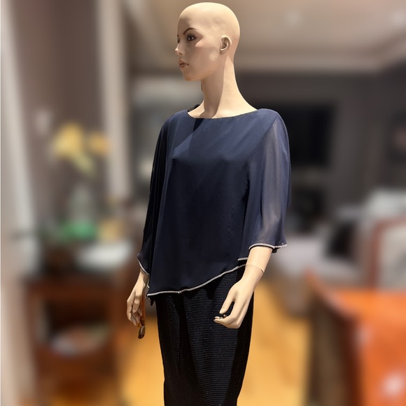 Frank Lyman Rich Navy Cocktail, All Occasions Dress with Attached Cape NWOT 16 - Picture 3 of 15